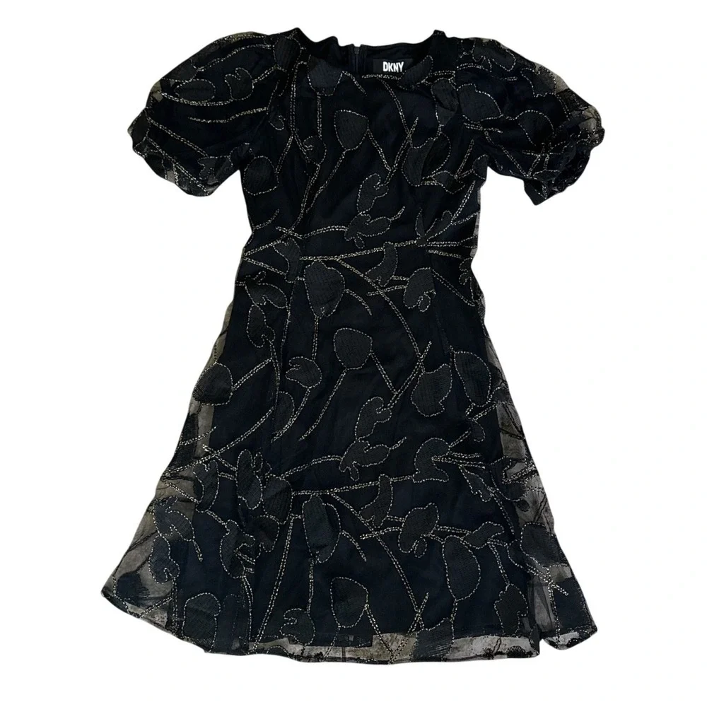 NWOT‎ Donna Karen Cocktail Dress Black Gold Trim Puff Sleeve Size 2